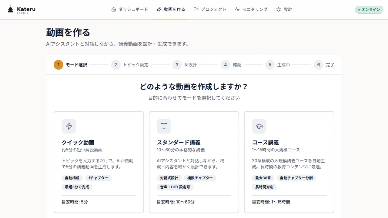 Kateru Studio 動画作成ウィザード画面 — 6ステップで研修動画を設計する入力フォーム